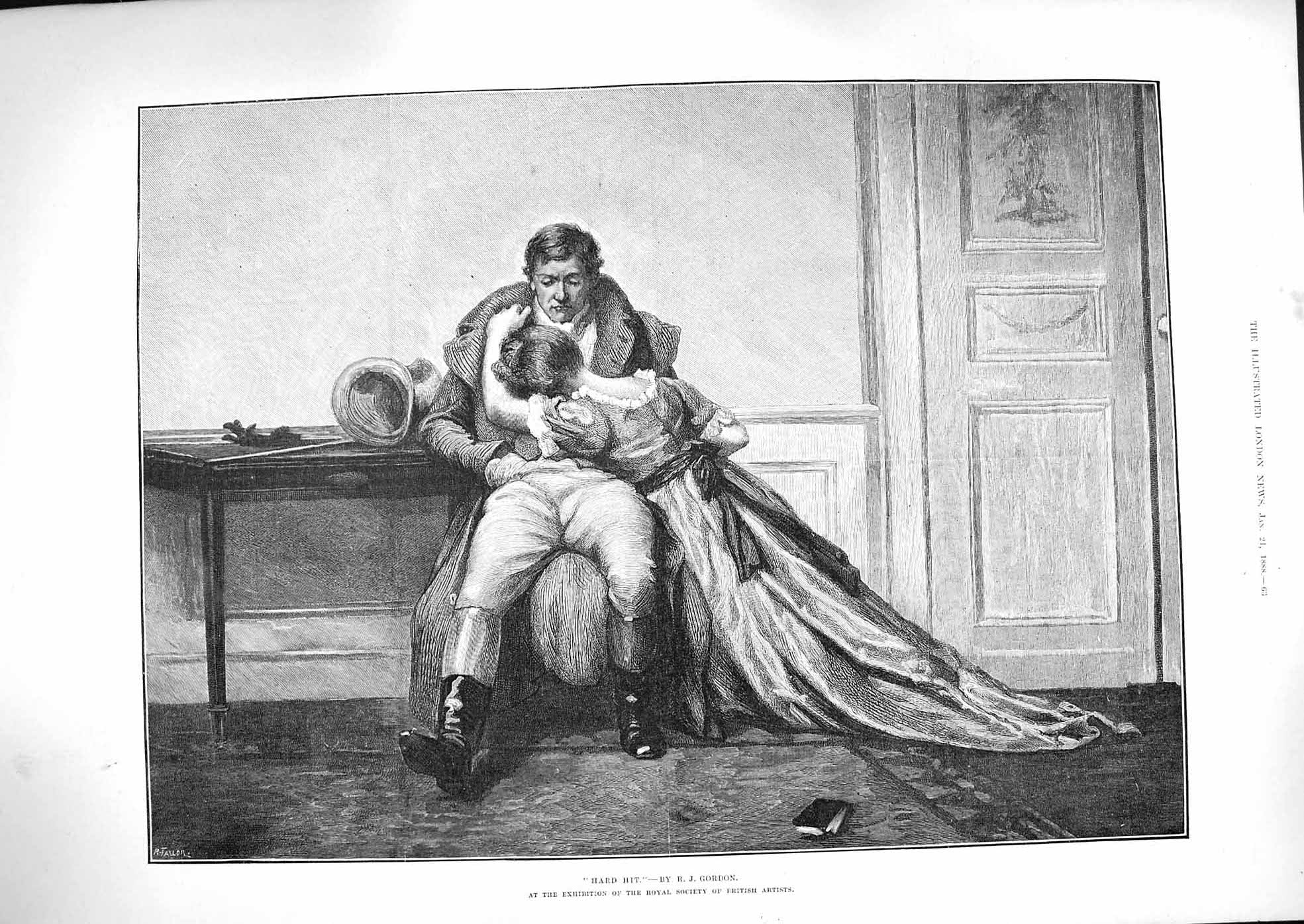Original Old Antique Print 1888 Hard Hit Gordon Crying Lady Man Romance 19th