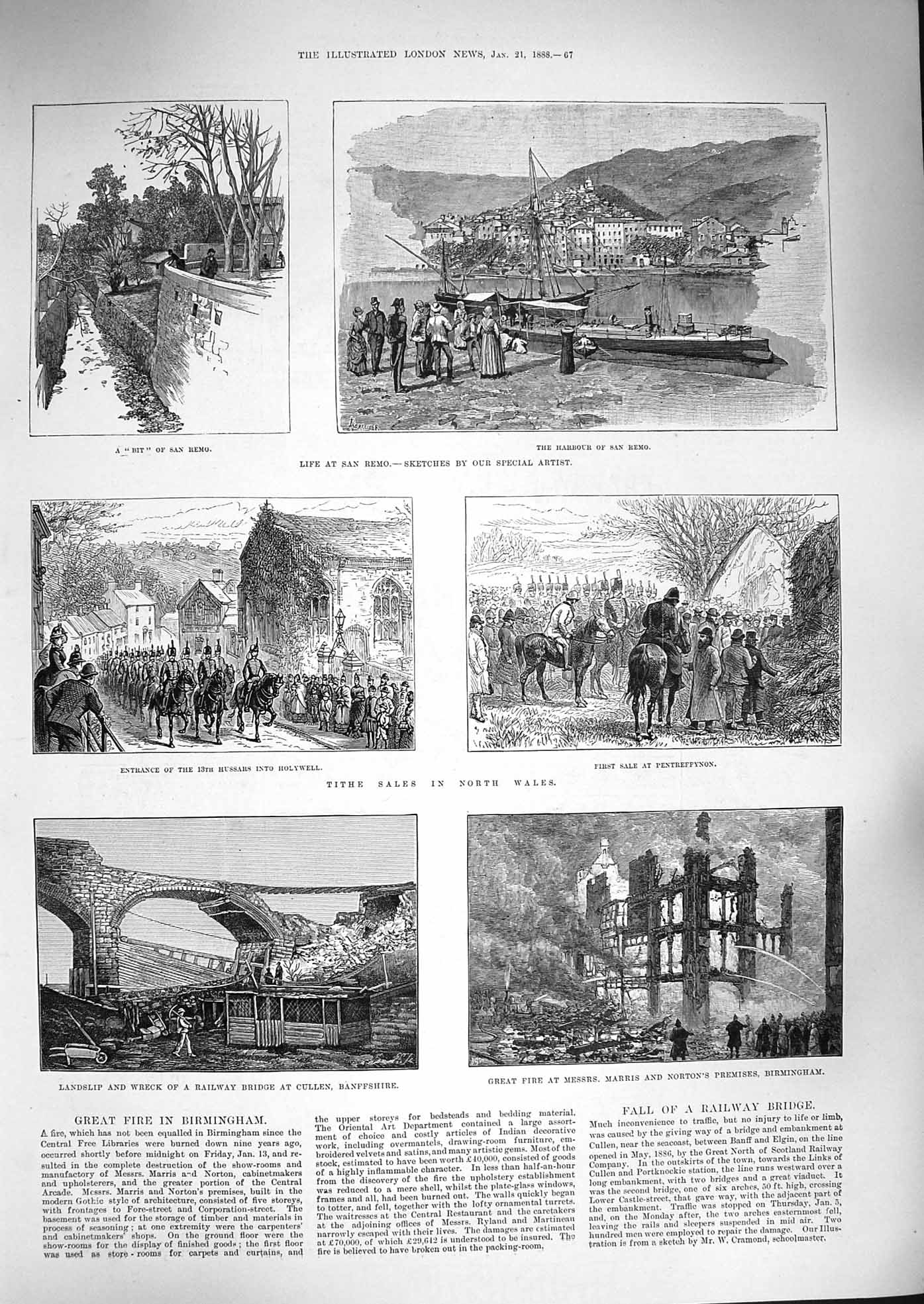 Old Antique Print 1888 San Remo Harbour Railway Cullen Norton Birmingham 19th