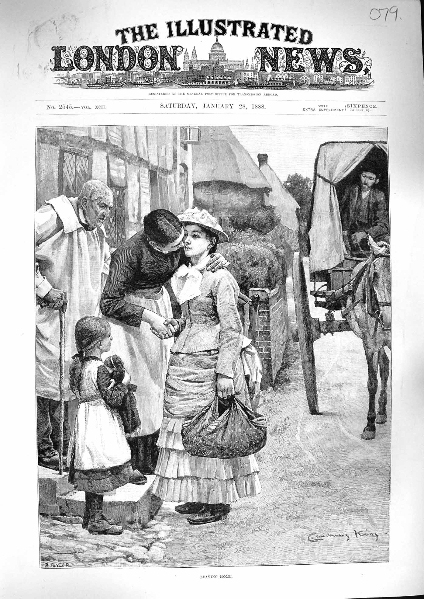 Original Old Antique Print 1888 Leaving Home Young Woman Little Girl Horse Cart