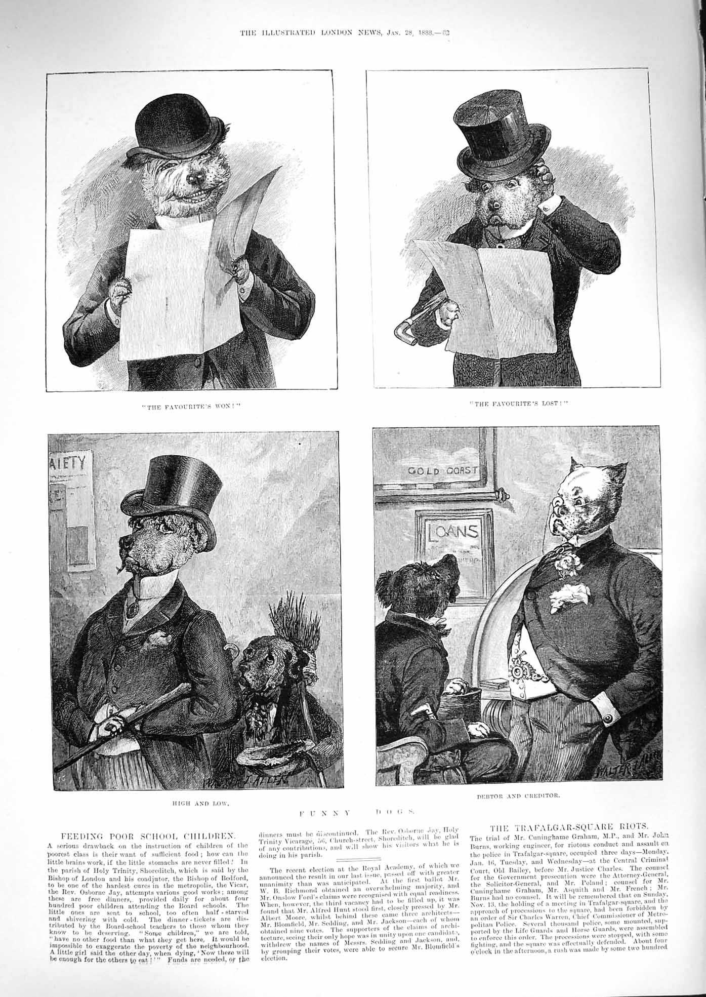 Original Old Antique Print 1888 Funny Dogs Debtor Creditor Costumes Top Hats