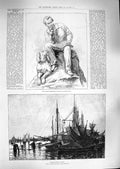 Original Old Antique Print 1888 Fishing Boats Venice Byron Memorial Hyde Park