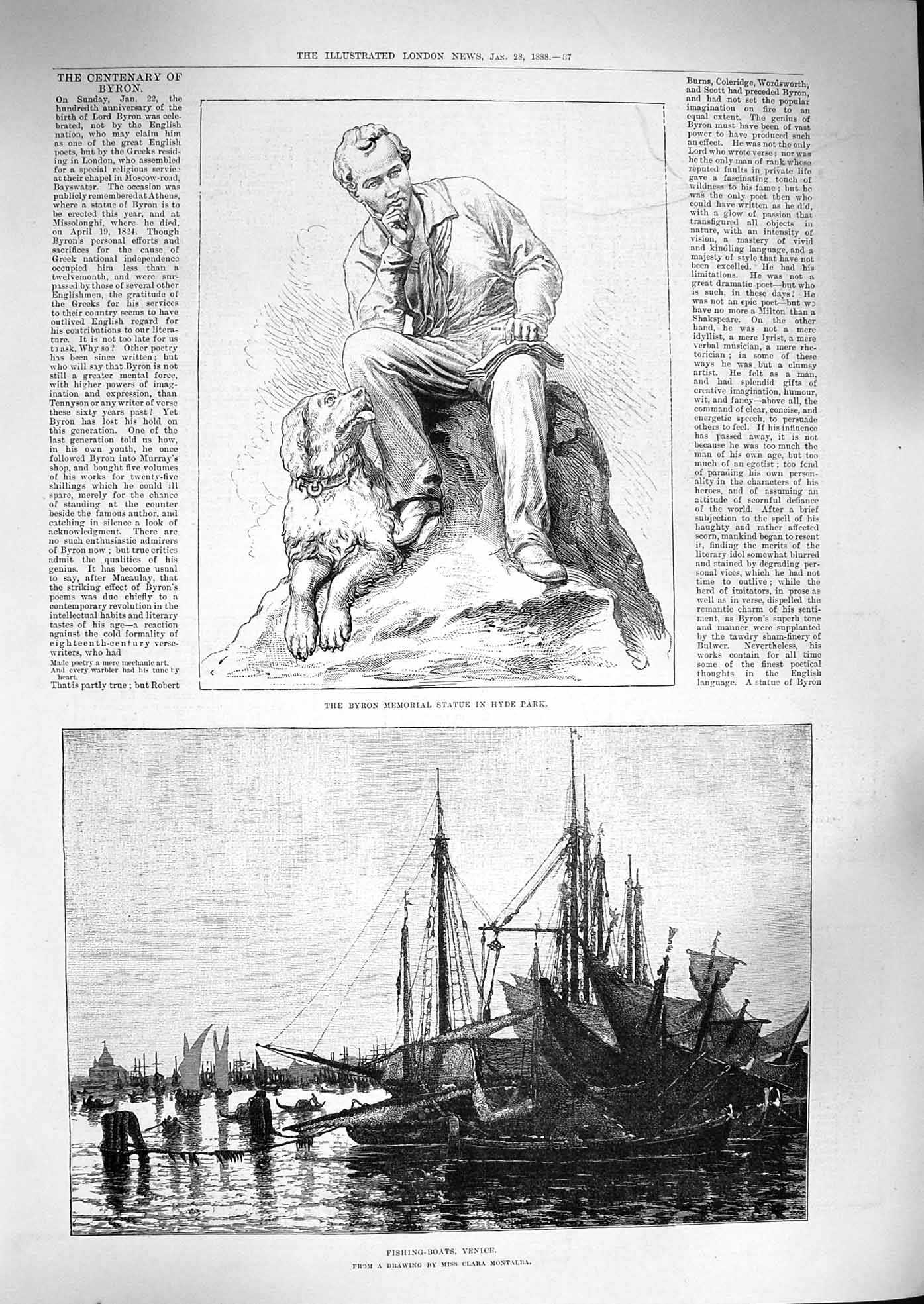 Original Old Antique Print 1888 Fishing Boats Venice Byron Memorial Hyde Park