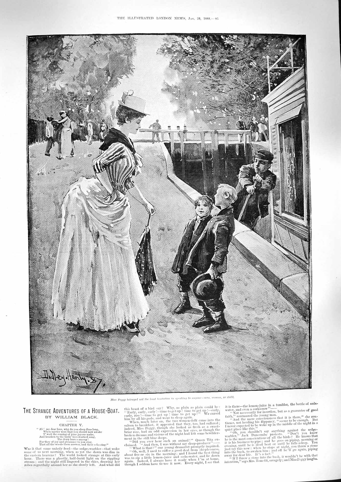 Original Old Antique Print 1888 Peggy Children Canal House Boat William Black
