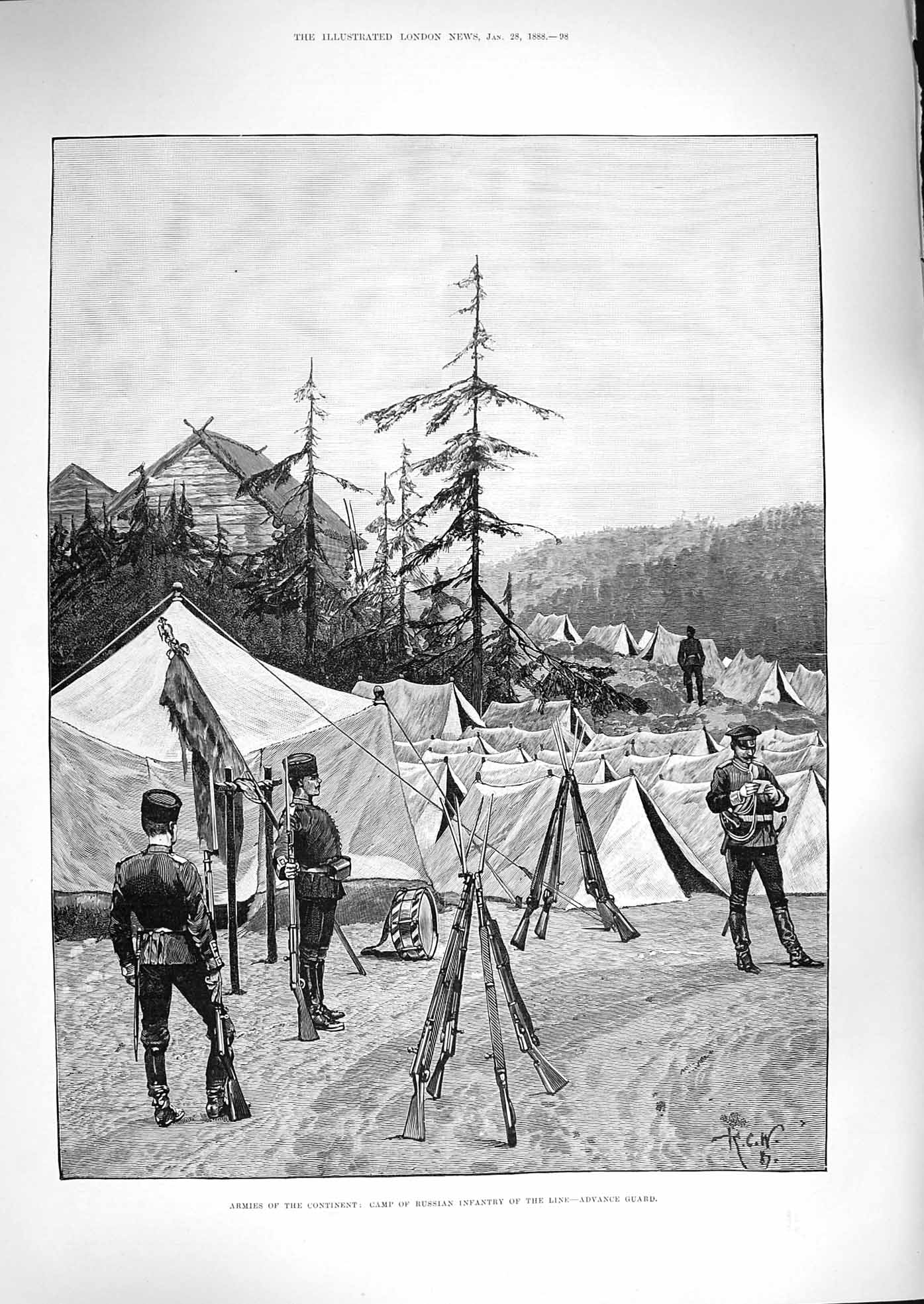 Original Old Antique Print 1888 Camp Russian Siers War Advance Guard Tents 19th