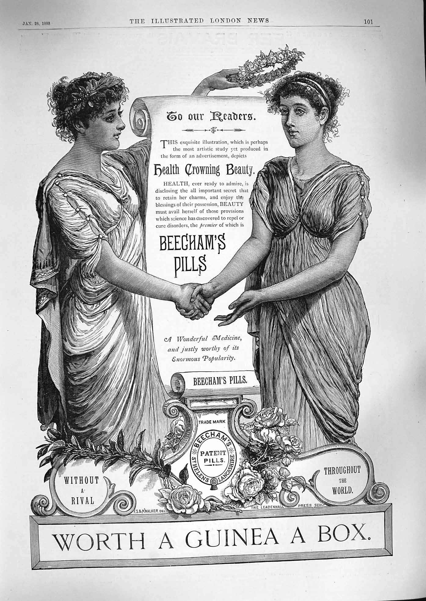 Original Old Antique Print 1888 Advertisement Beechams Pills Helens Lancashire