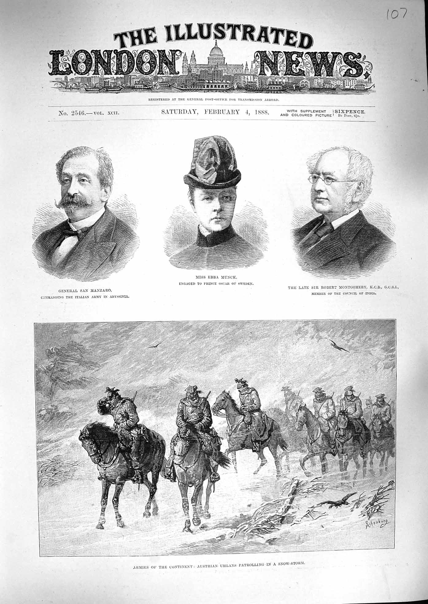 Original Old Antique Print 1888 Ebba Munck Manzaro Montgomery Uhlans Snow-Storm