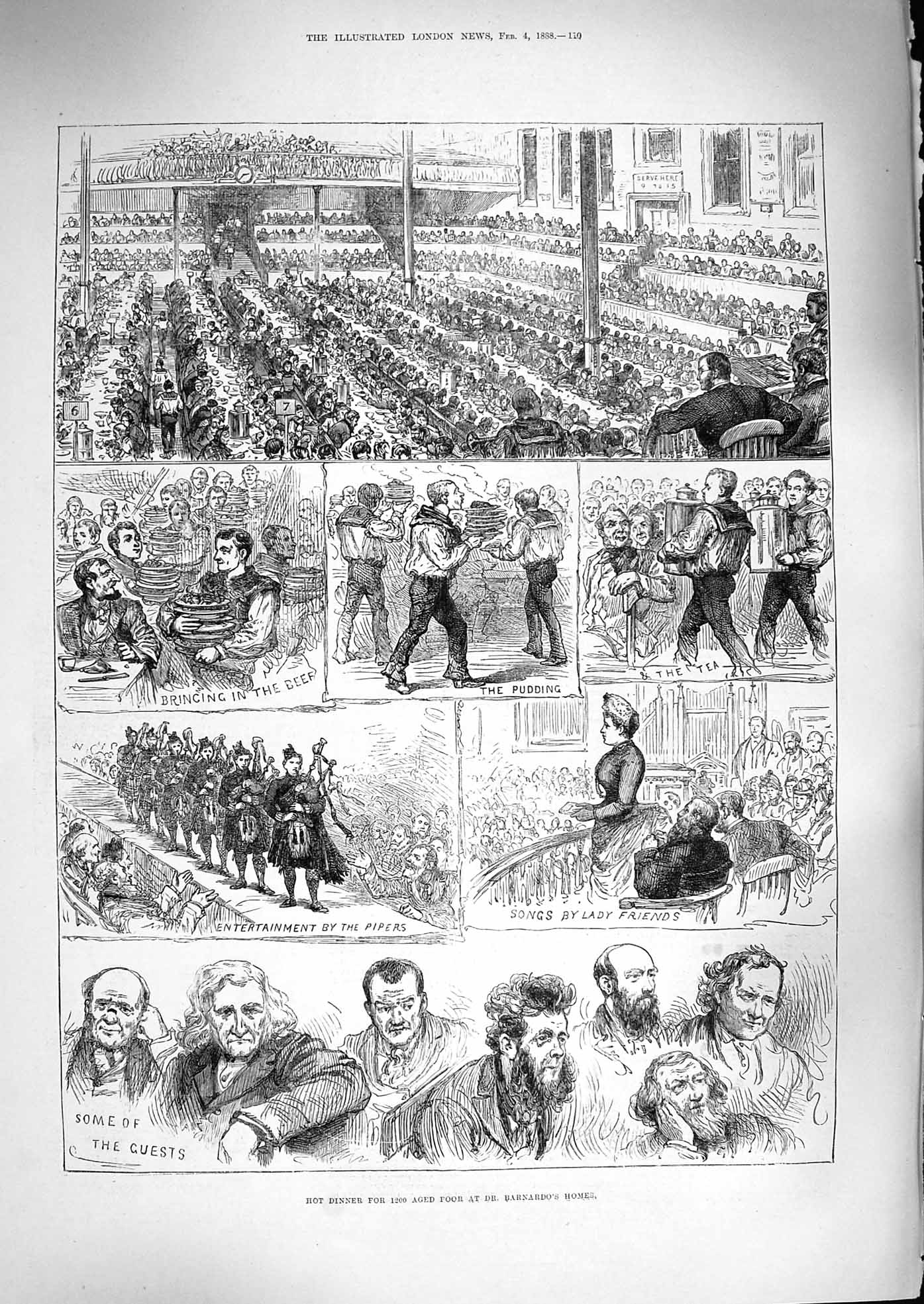 Original Old Antique Print 1888 Hot Dinner Aged Poor Dr. Barnados Homes Pipers