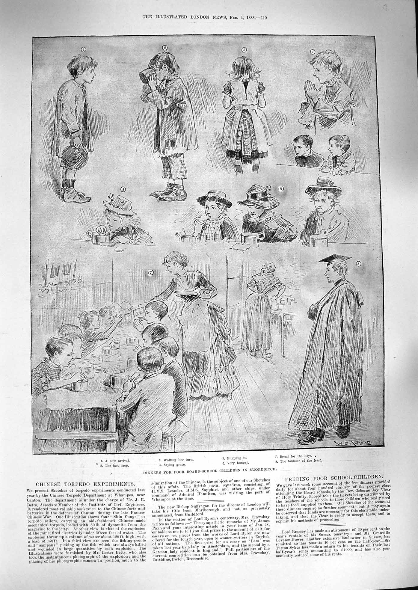 Original Old Antique Print 1888 Dinners Board School Poor Children Shoreditch