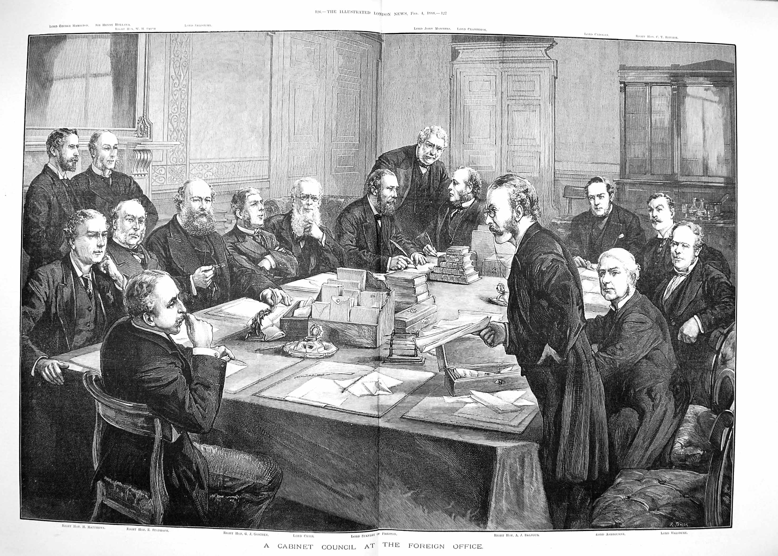 Antique Old Print 1888 Foreign Office Balfour Ashbourne Halsbury Stanhope 19th
