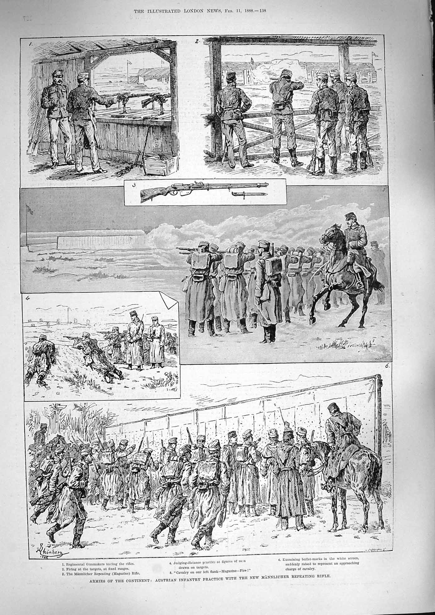 Original Old Antique Print 1888 Austrian Siers Mannlicher Repeating Rifle War