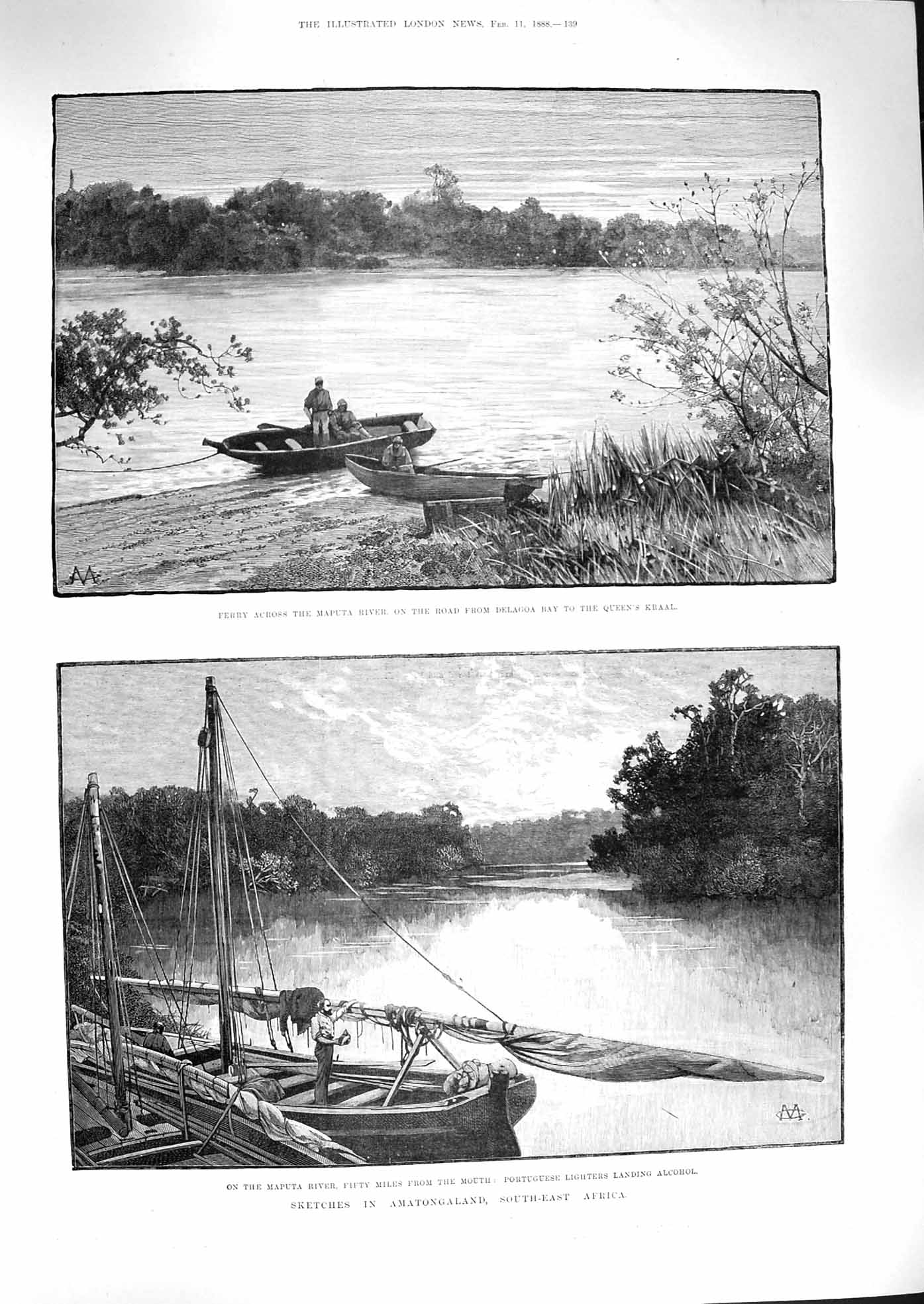 Original Old Antique Print 1888 Ferry River Maputa Africa Amatongaland Boats