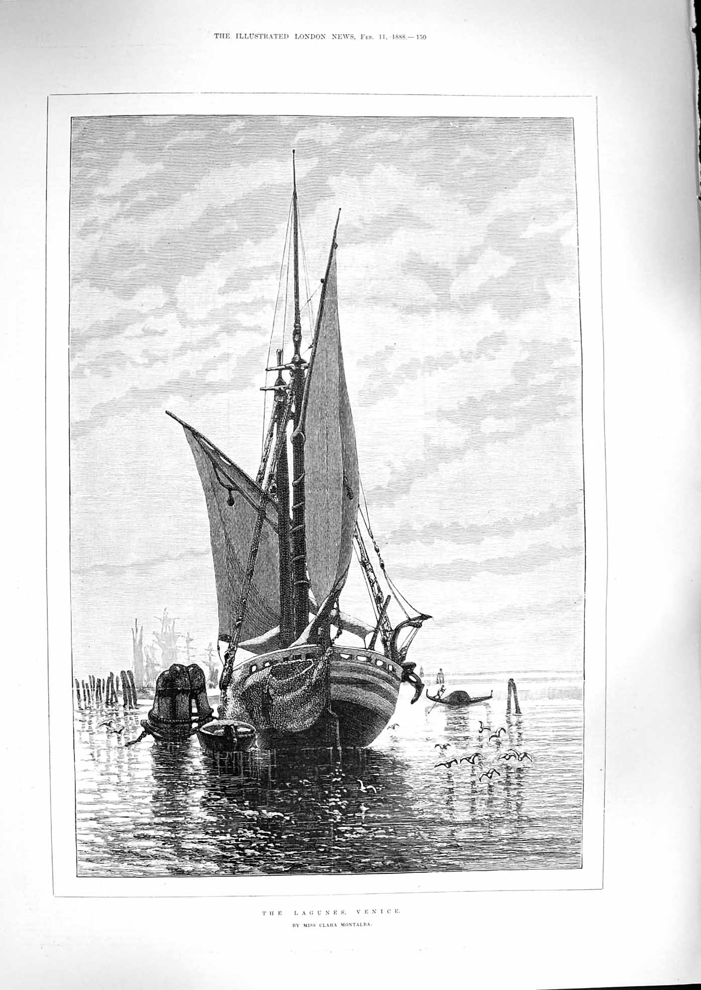 Original Old Antique Print 1888 Sailing Boat Lagunes Venice Birds Victorian