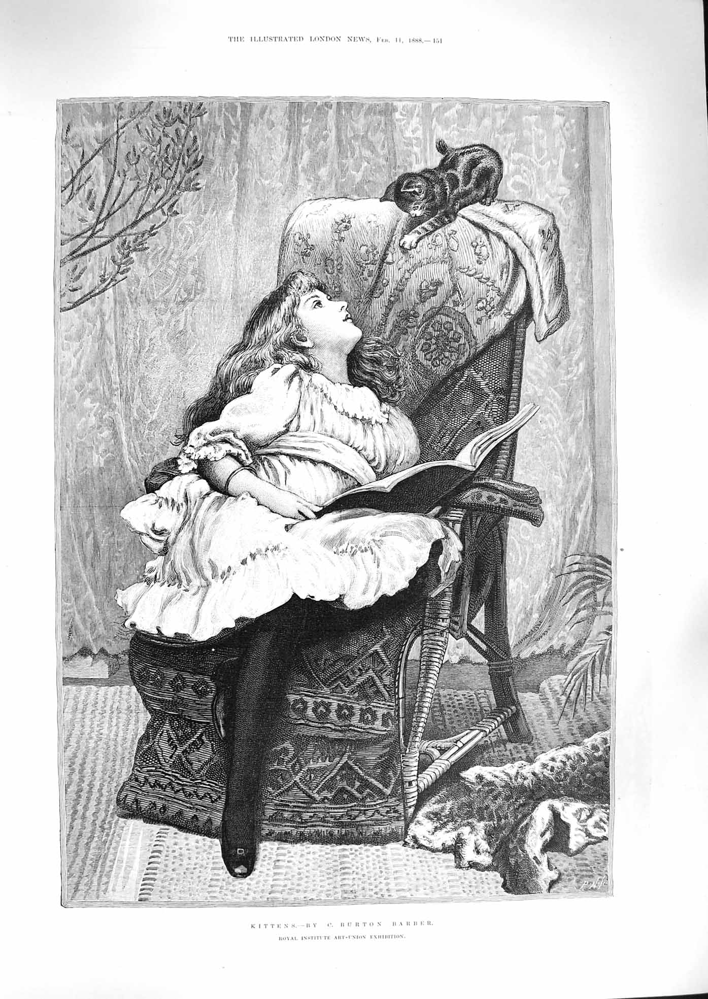 Original Old Antique Print 1888 Kittens Little Girl Reading Book 19th