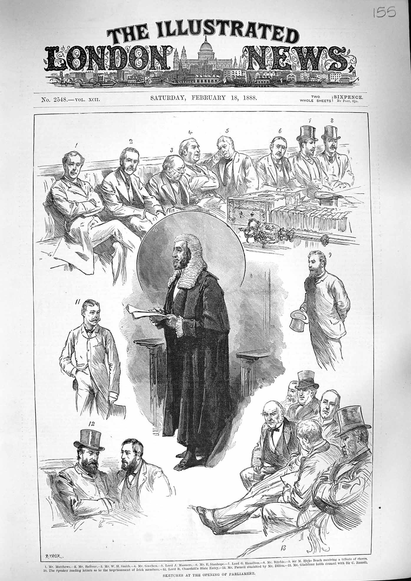 Original Old Antique Print 1888 Parliament Balfour Manners Hamilton Churchill