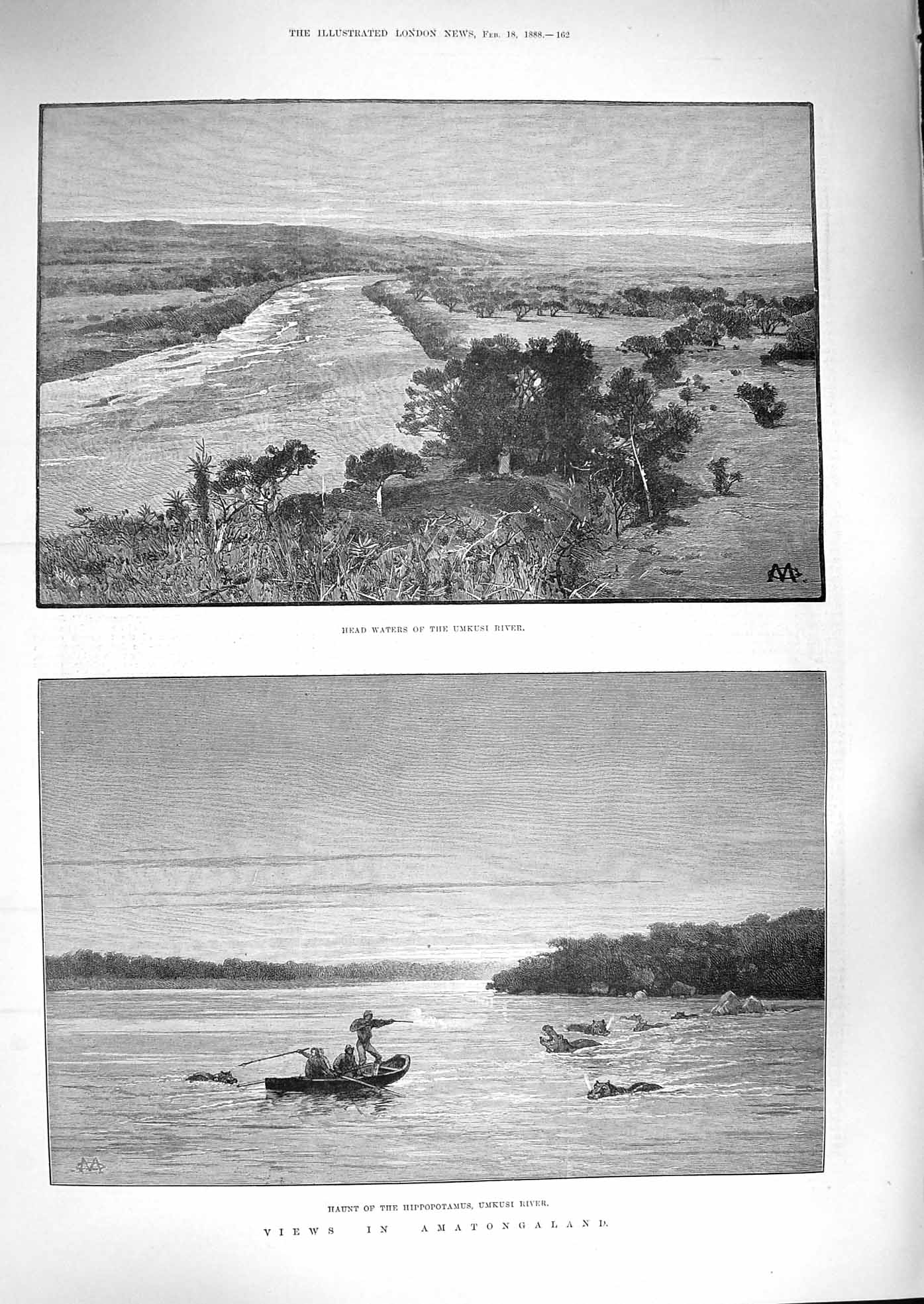 Original Old Antique Print 1888 Amatongaland Hunting Hippopotamus Umkusi River