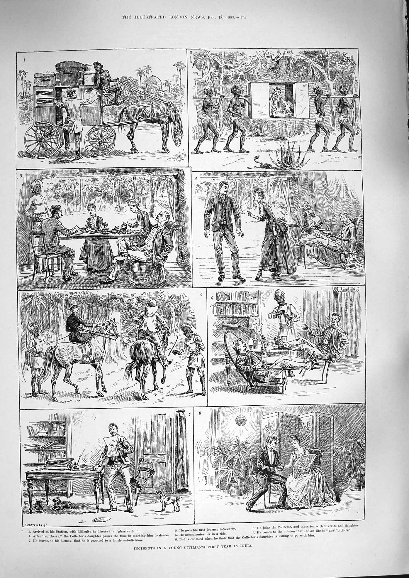 Original Old Antique Print 1888 Young Civilians Year India Ghariwallah Horses