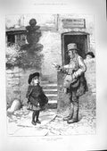Original Old Antique Print 1888 Post Office Man Valentine Letters Little Girl