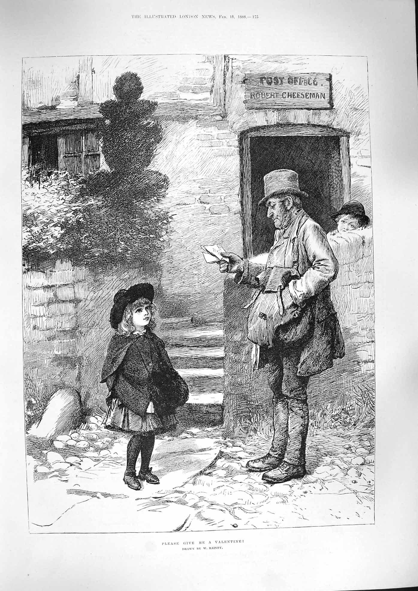 Original Old Antique Print 1888 Post Office Man Valentine Letters Little Girl
