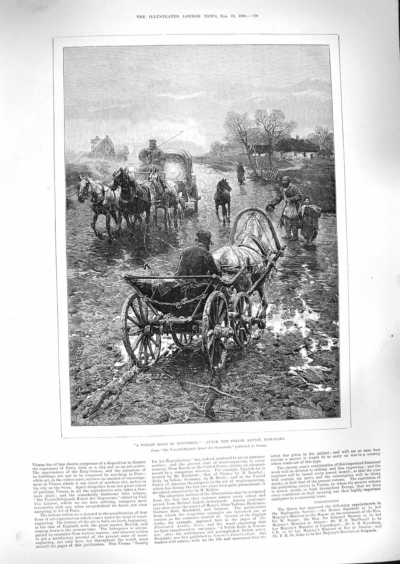 Original Old Antique Print 1888 Scene Polish Road November Horses Carriage 19th
