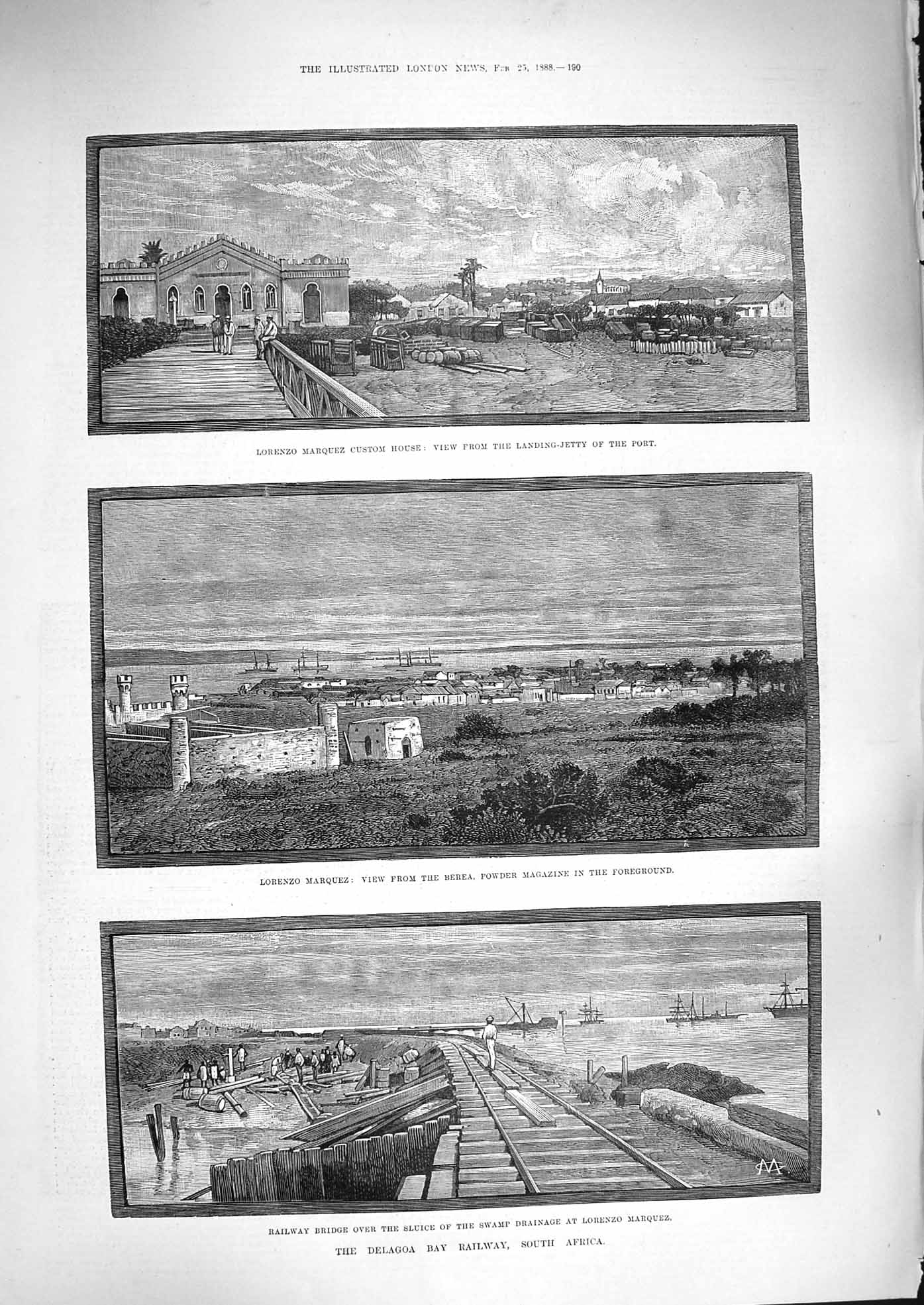 Old Antique Print 1888 Delagoa Railway Africa Lorenzo Marquez Port Jetty 19th