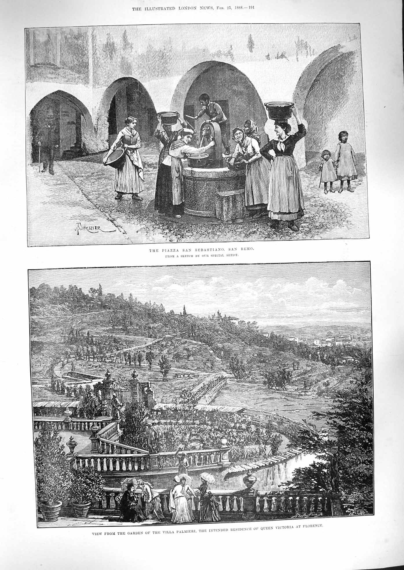 Original Old Antique Print 1888 Garden Villa Palmieri Florence Piazza San Remo