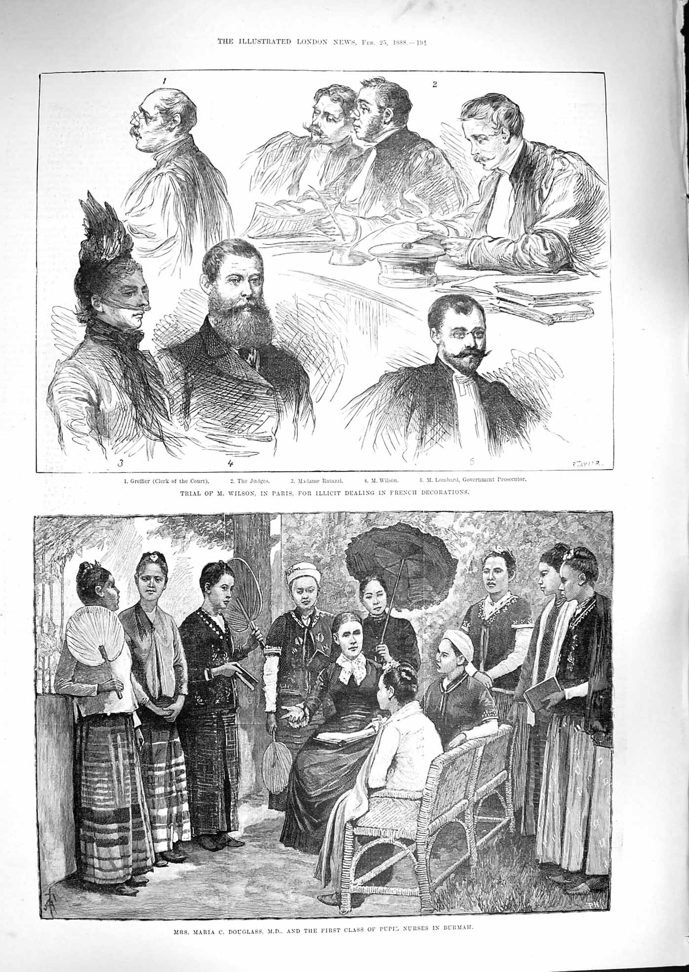 Original Old Antique Print 1888 Maria Douglass Nurses Burmah Court Wilson Paris