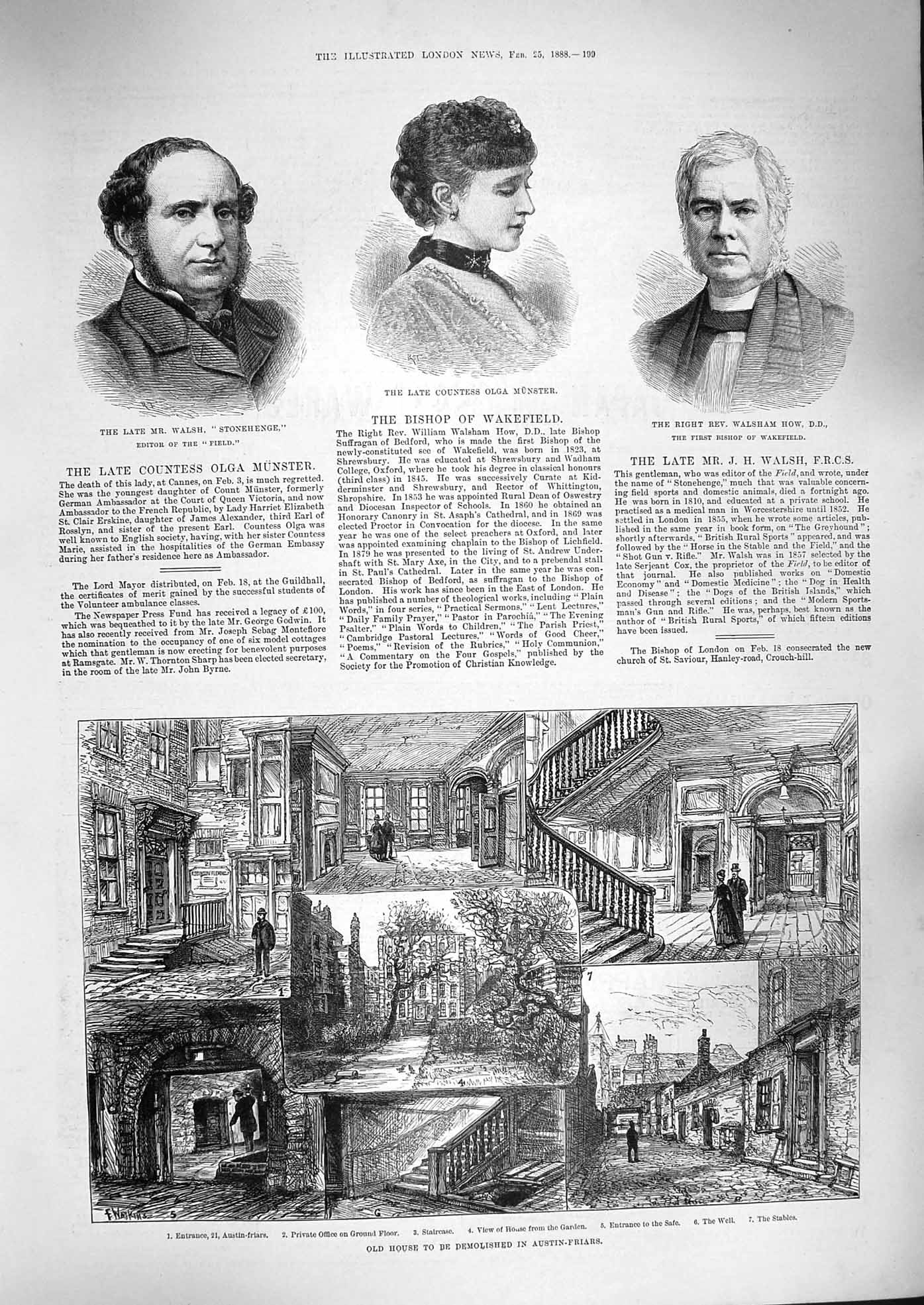 Old Antique Print 1888 Houses Austin-Friars Walsh Olga Munster Rev. How 19th