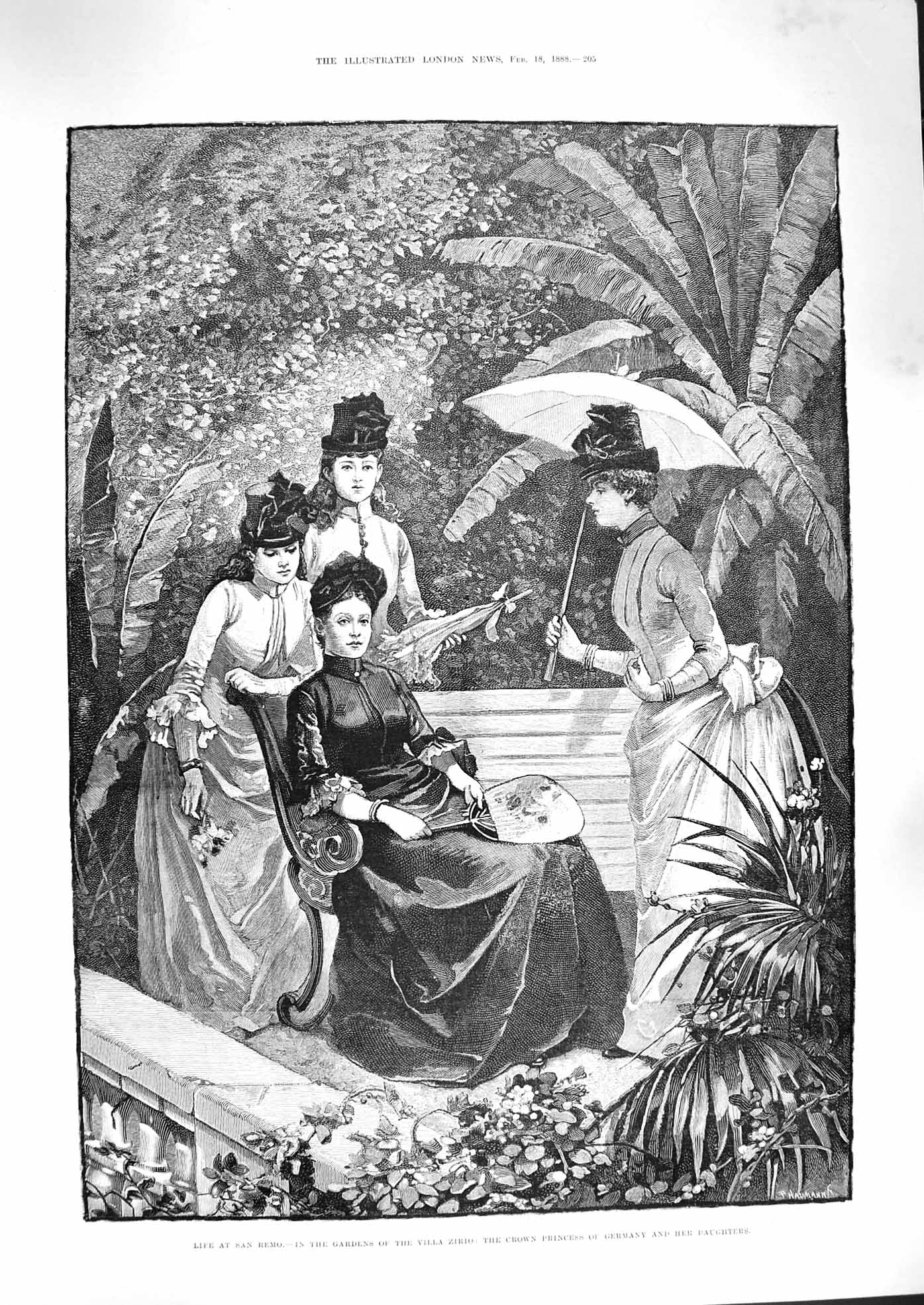 Original Old Antique Print 1888 San Remo Gardens Villa Zirio Princess Germany