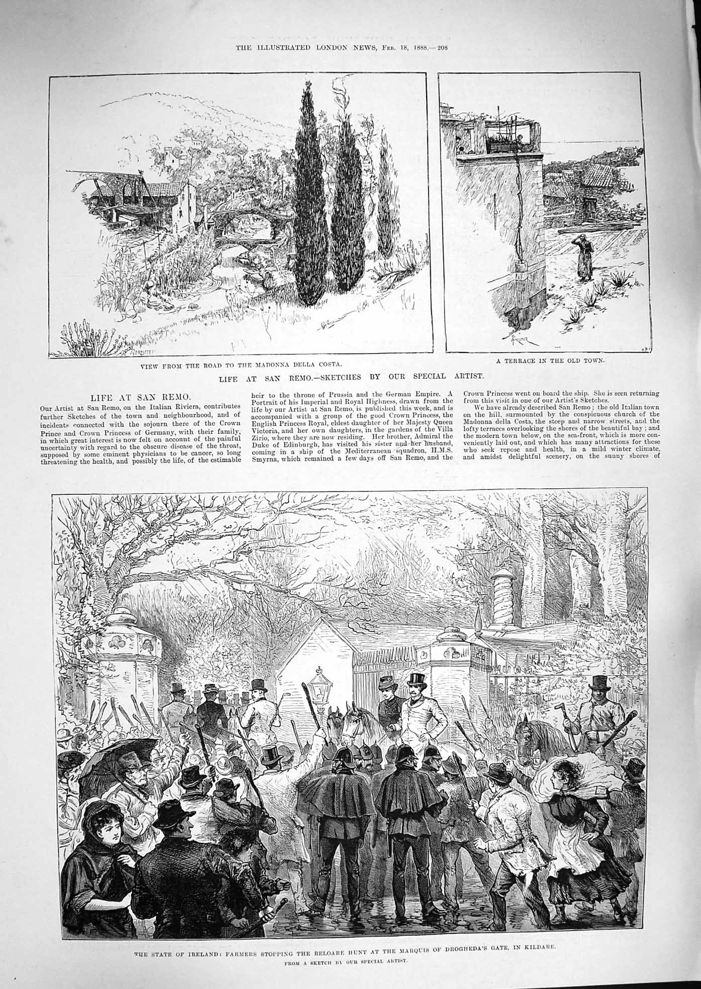 Original Old Antique Print 1888 Ireland Farmers Reloare Hunt Kildare San Remo