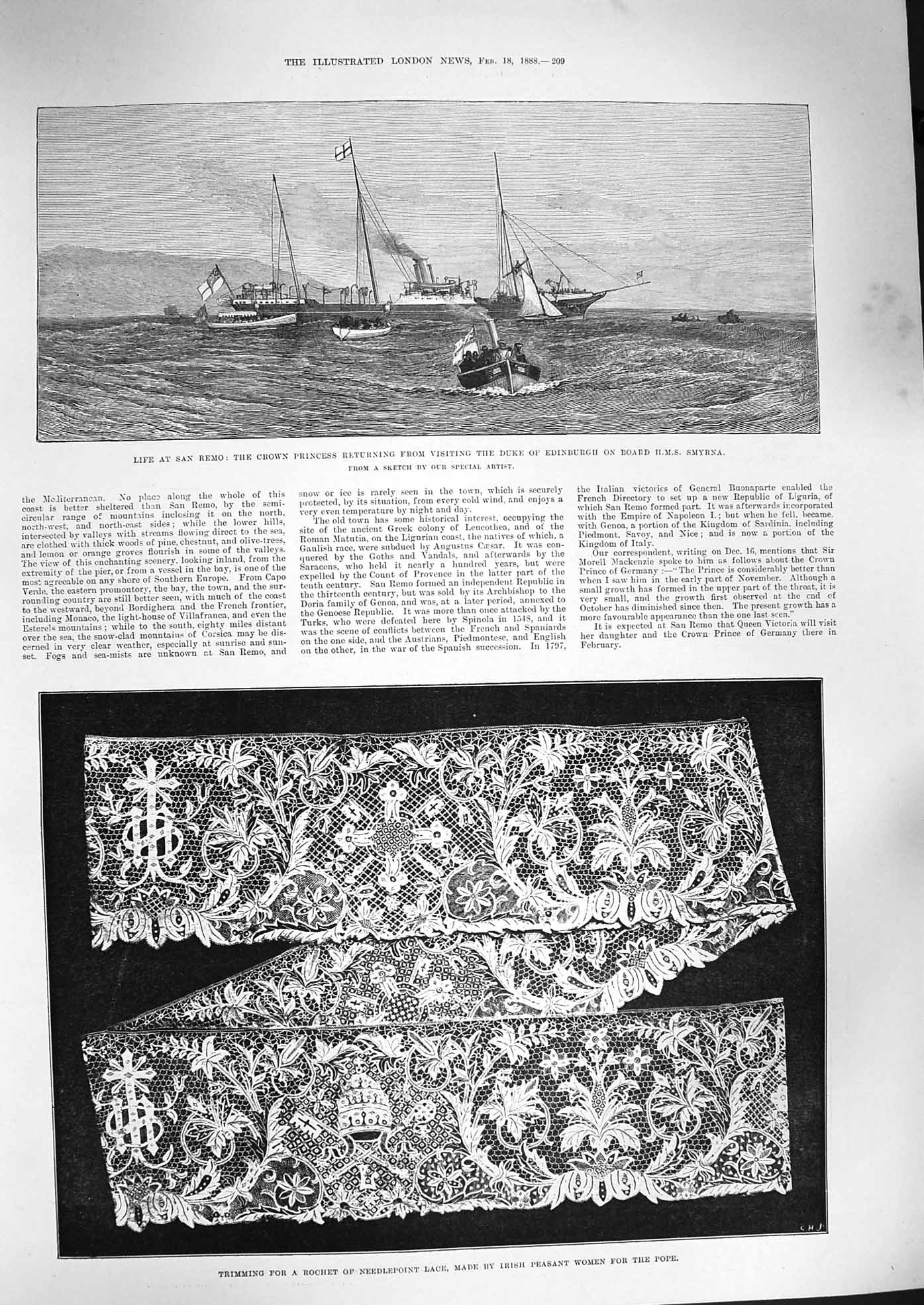 Old Antique Print 1888 Rochet Needlepoint Lace Pope San Remo Ship Smyrna 19th