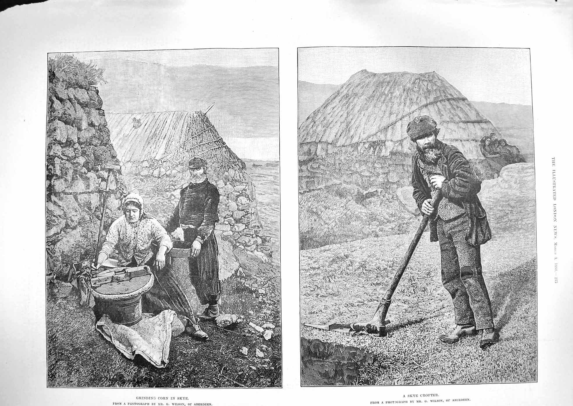 Original Old Antique Print 1888 Grinding Corn Skye Crofter Agriculture Farmer