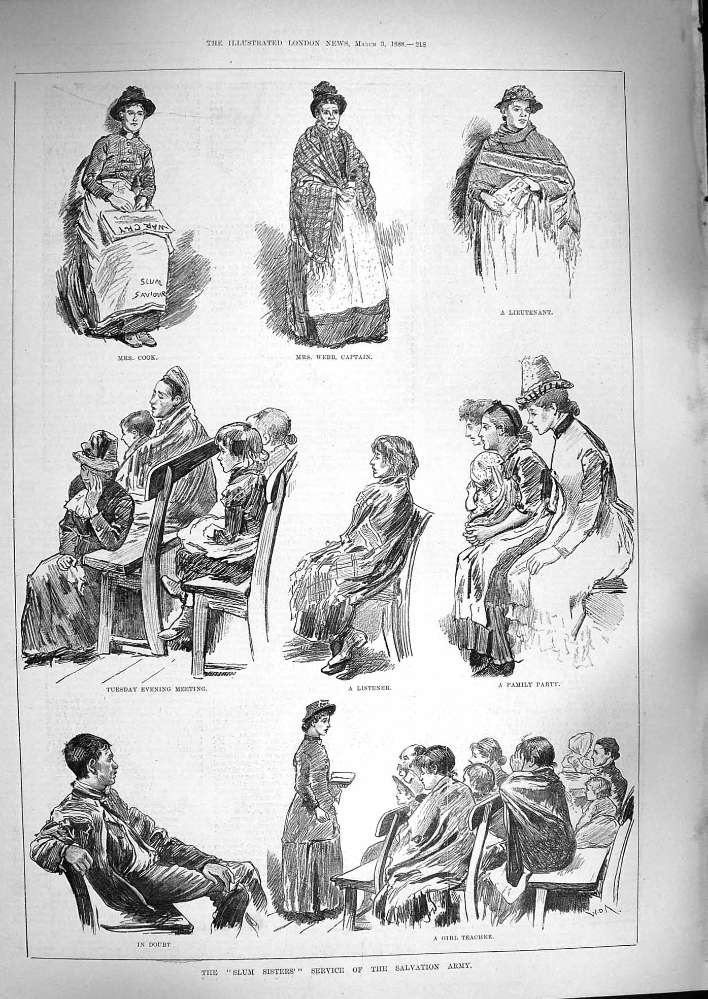Old Antique Print 1888 Slum Sisters Salvation Army Webb Cook Girl Teacher 19th