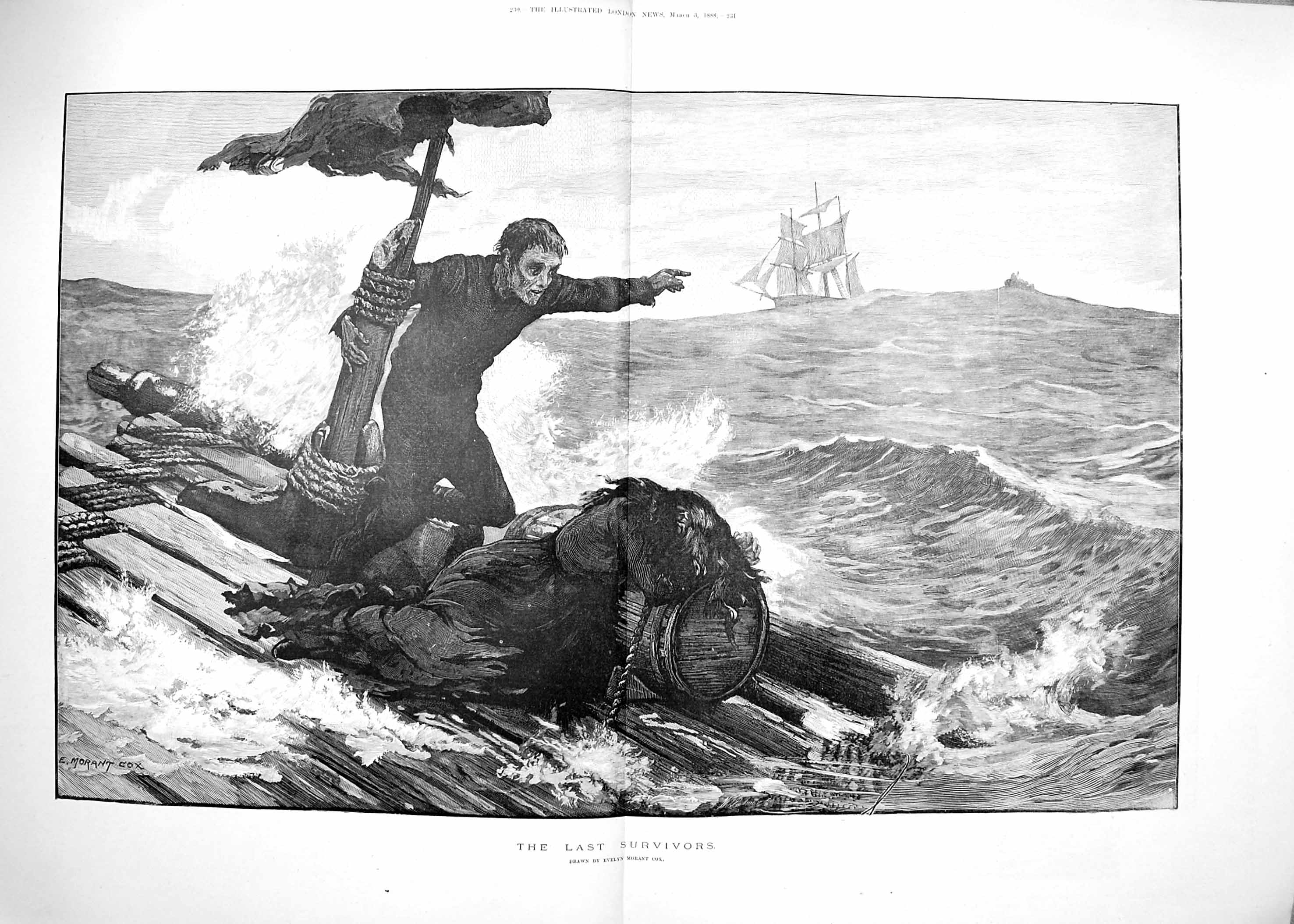 Old Antique Print 1888 Last Survivors Ship Wreck Raft Sailing Morant Cox 19th