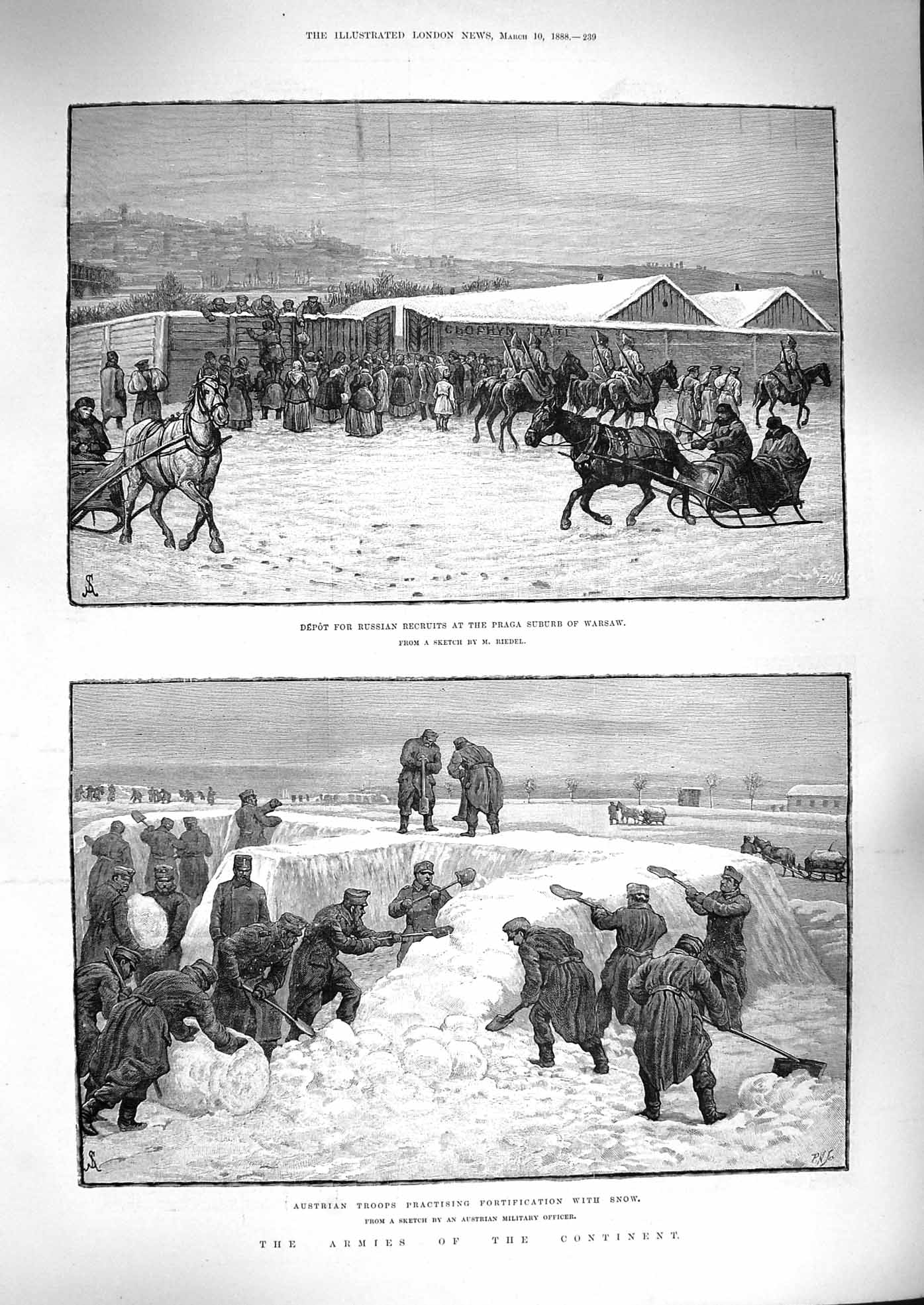 Original Old Antique Print 1888 Russian Siers Praga Warsaw Austrian Army War