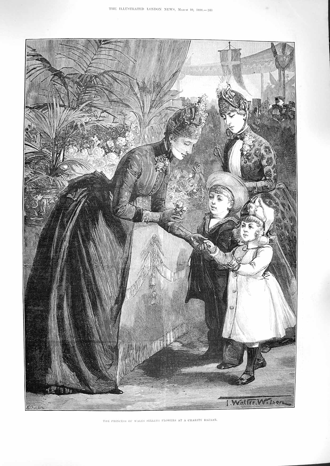 Original Old Antique Print 1888 Princess Wales Selling Flowers Charity Bazaar