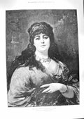 Original Old Antique Print 1888 Fine Art Portrait Beautiful Girl Gipsy Queen