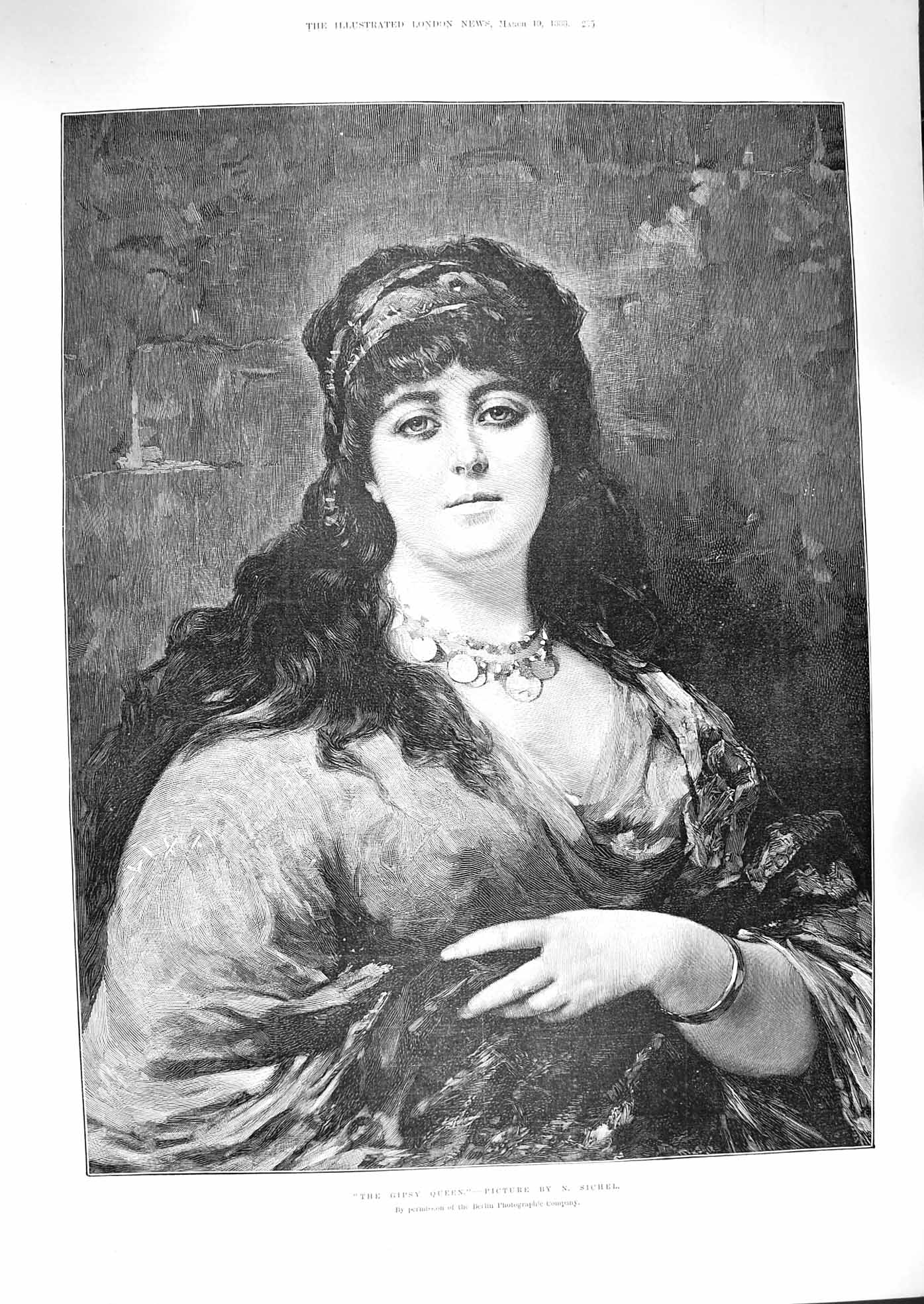 Original Old Antique Print 1888 Fine Art Portrait Beautiful Girl Gipsy Queen