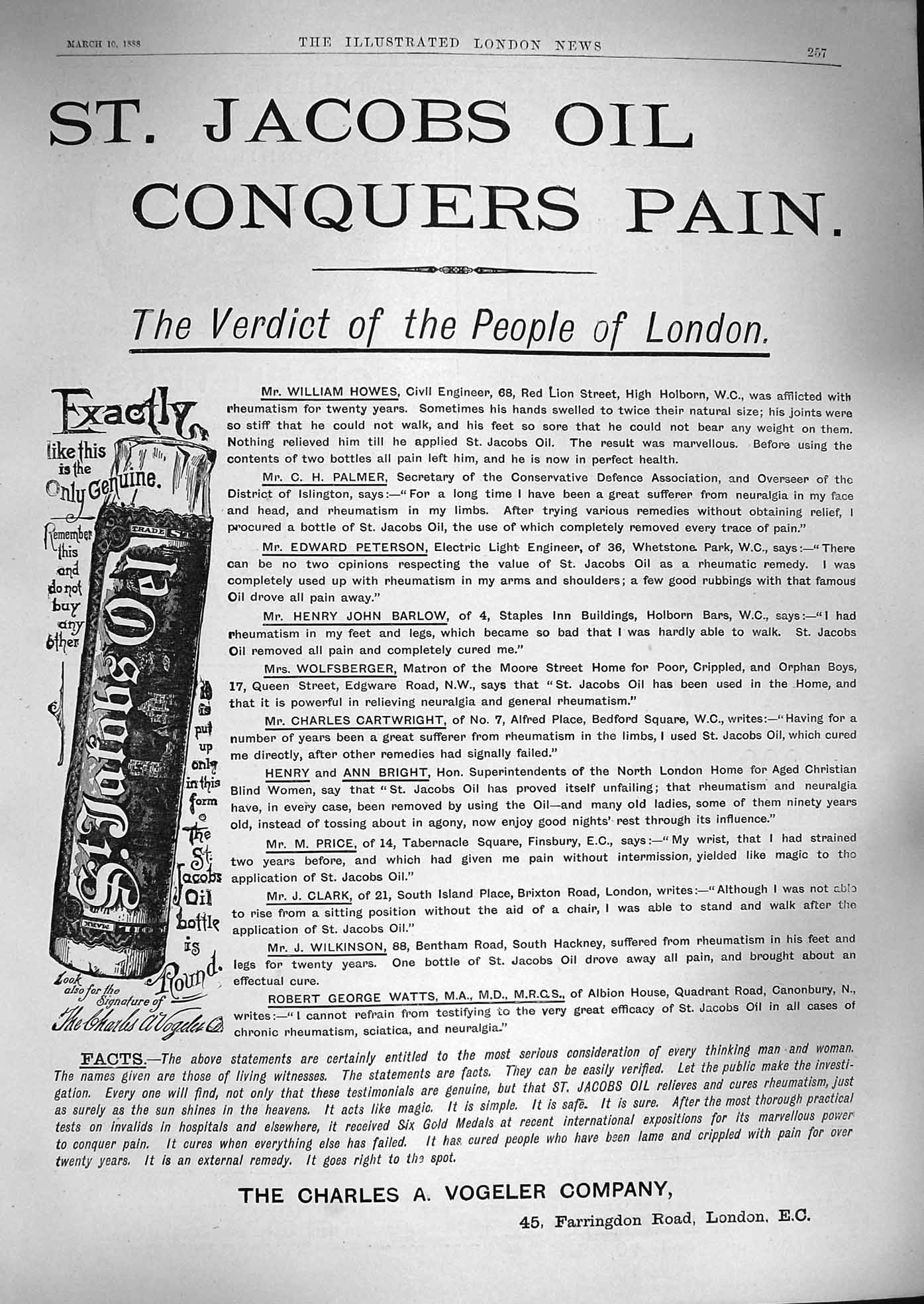 Original Old Antique Print 1888 Advertisement St. Jacobs Oil Vogeler Company