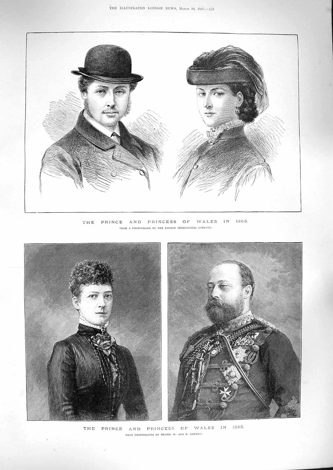 Original Old Antique Print 1888 Portrait Prince Princess Wales 19th