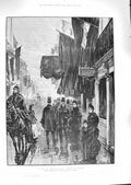 Original Old Antique Print 1888 Mourning Germany Emperor Streets Berlin Scene