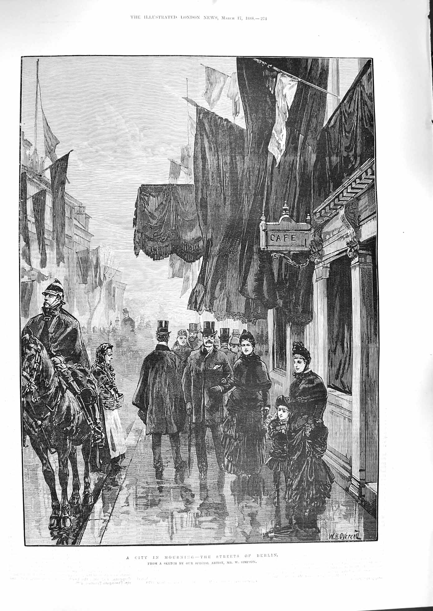 Original Old Antique Print 1888 Mourning Germany Emperor Streets Berlin Scene