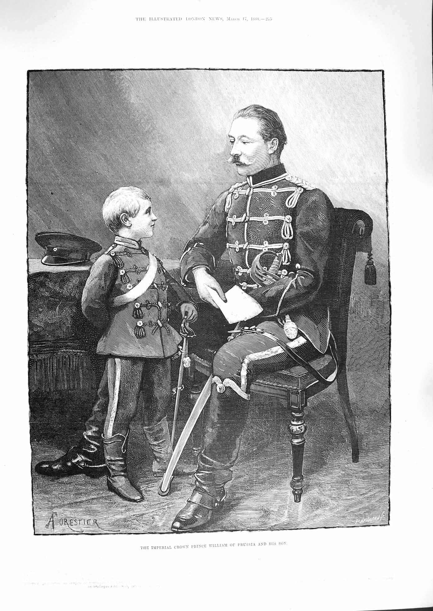 Old Antique Print 1888 Portrait Imperial Crown Prince William Prussia Son 19th
