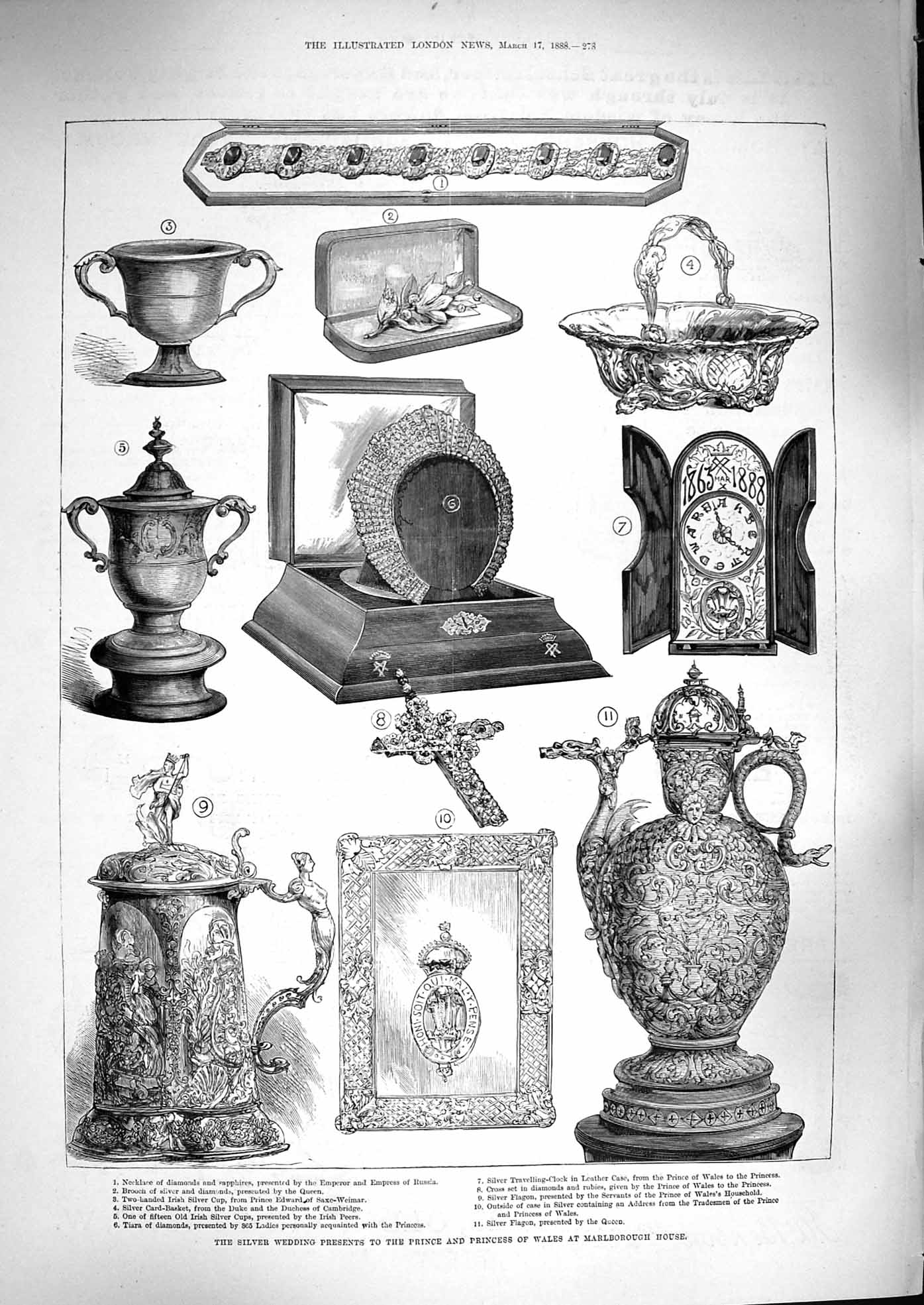 Original Old Antique Print 1888 Silver Wedding Prents Prince Wales Marlborough