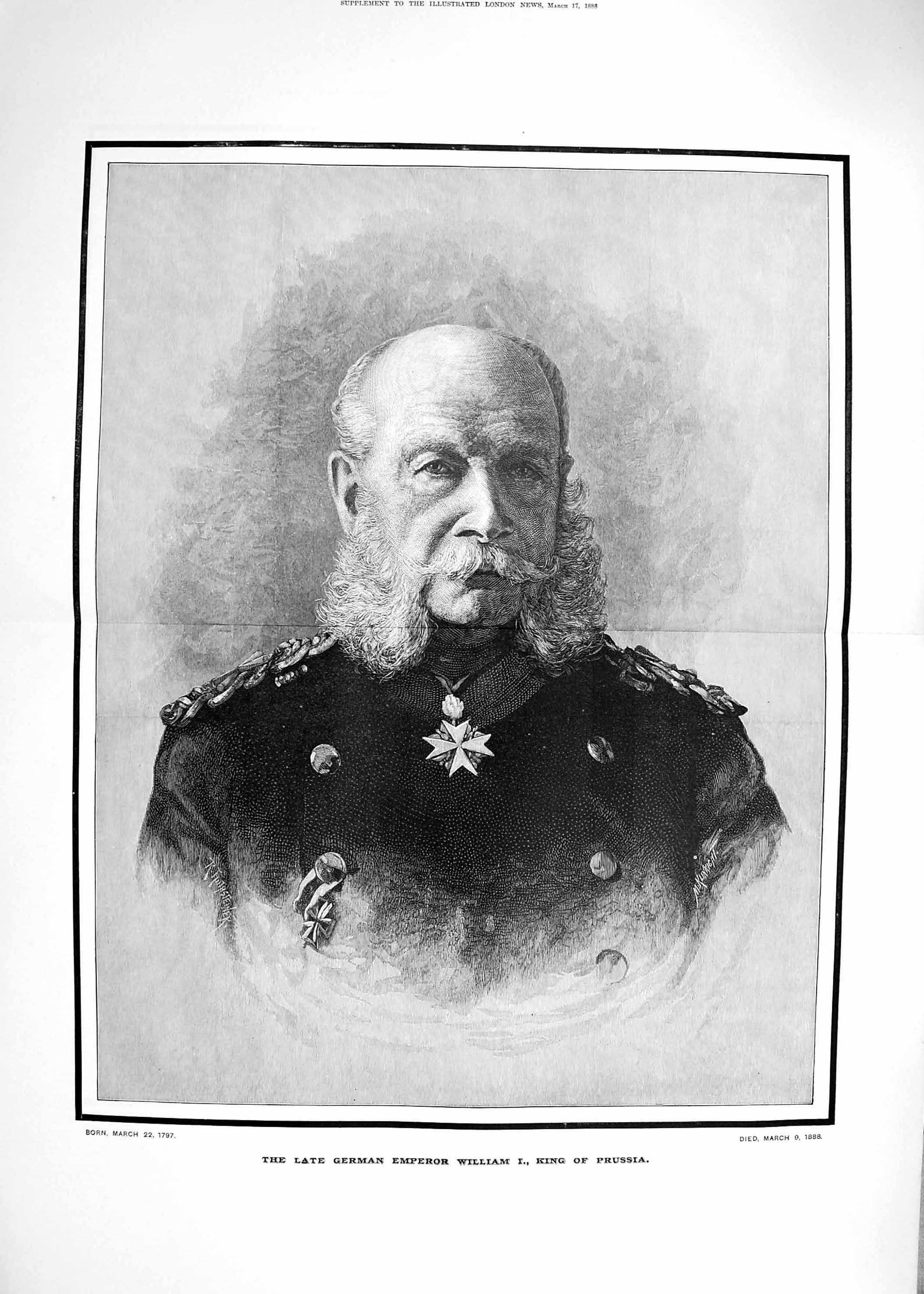 Original Old Antique Print 1888 Portrait German Emperor William I King Prussia