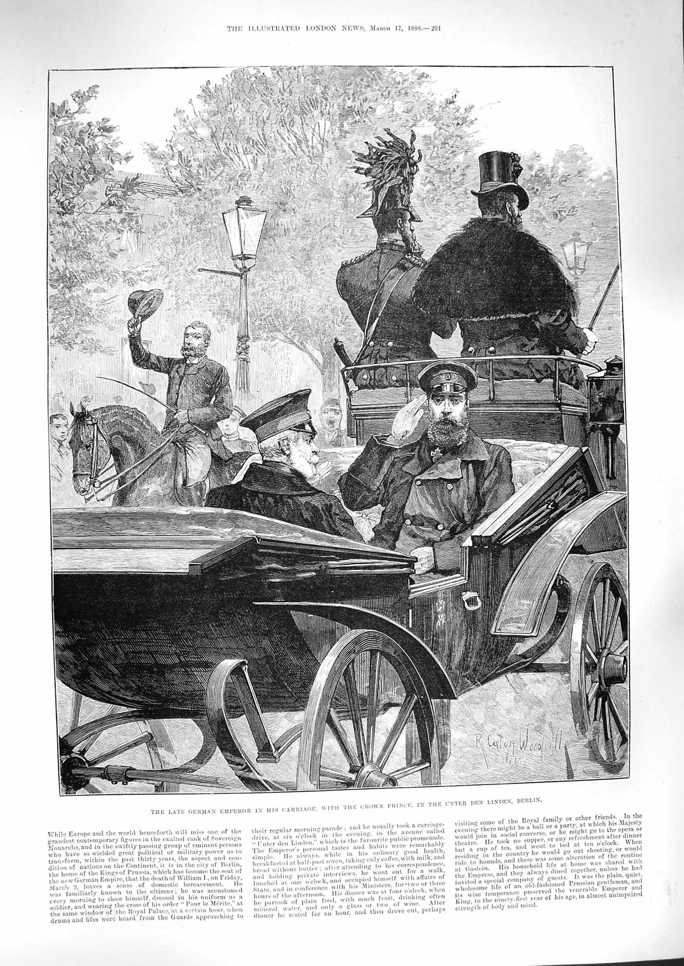 Old Antique Print 1888 German Emperor Carriage Crown Prince Linden Berlin 19th