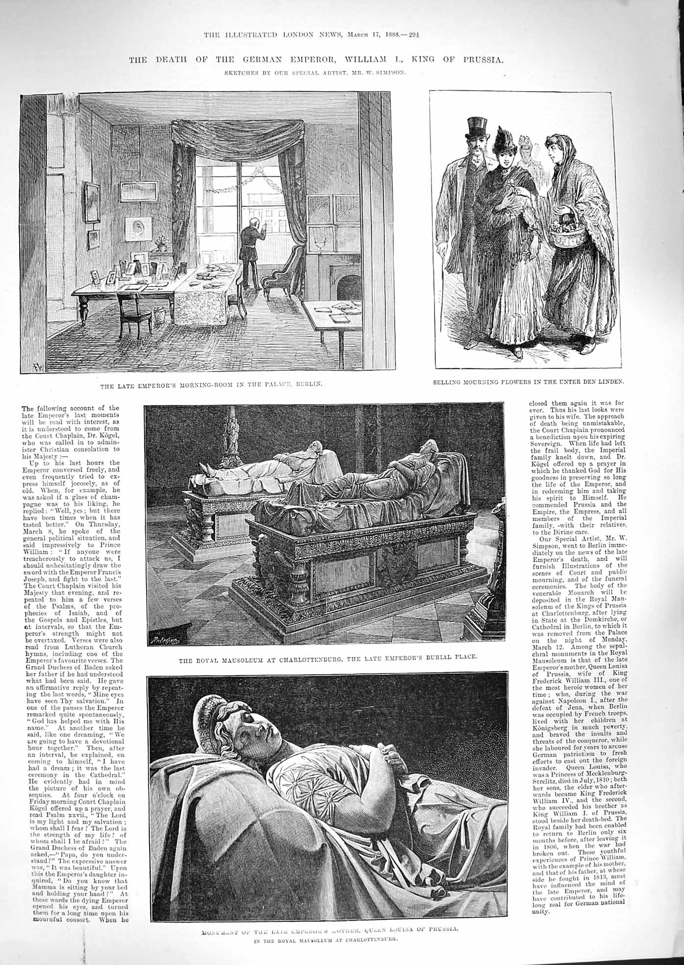Old Antique Print 1888 Death German Emperor King Prussia Charlottenburg 19th
