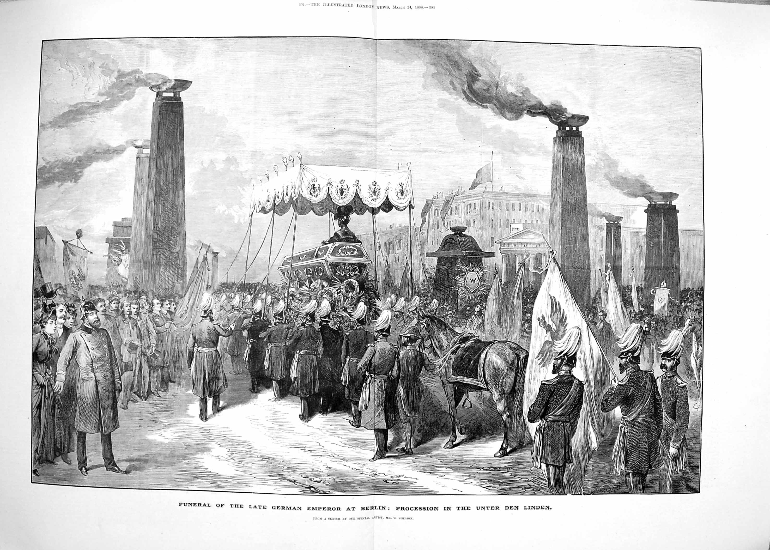 Antique Old Print 1888 Funeral German Emperor Berlin Unter Linded Prussia 19th