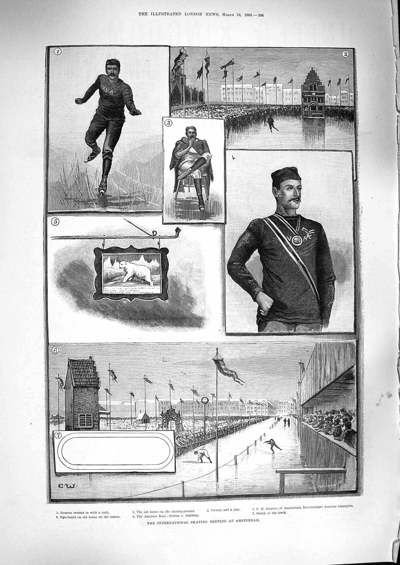 Original Old Antique Print 1888 Ice Skating Amsterdam Tebbut Schilling Jurgens