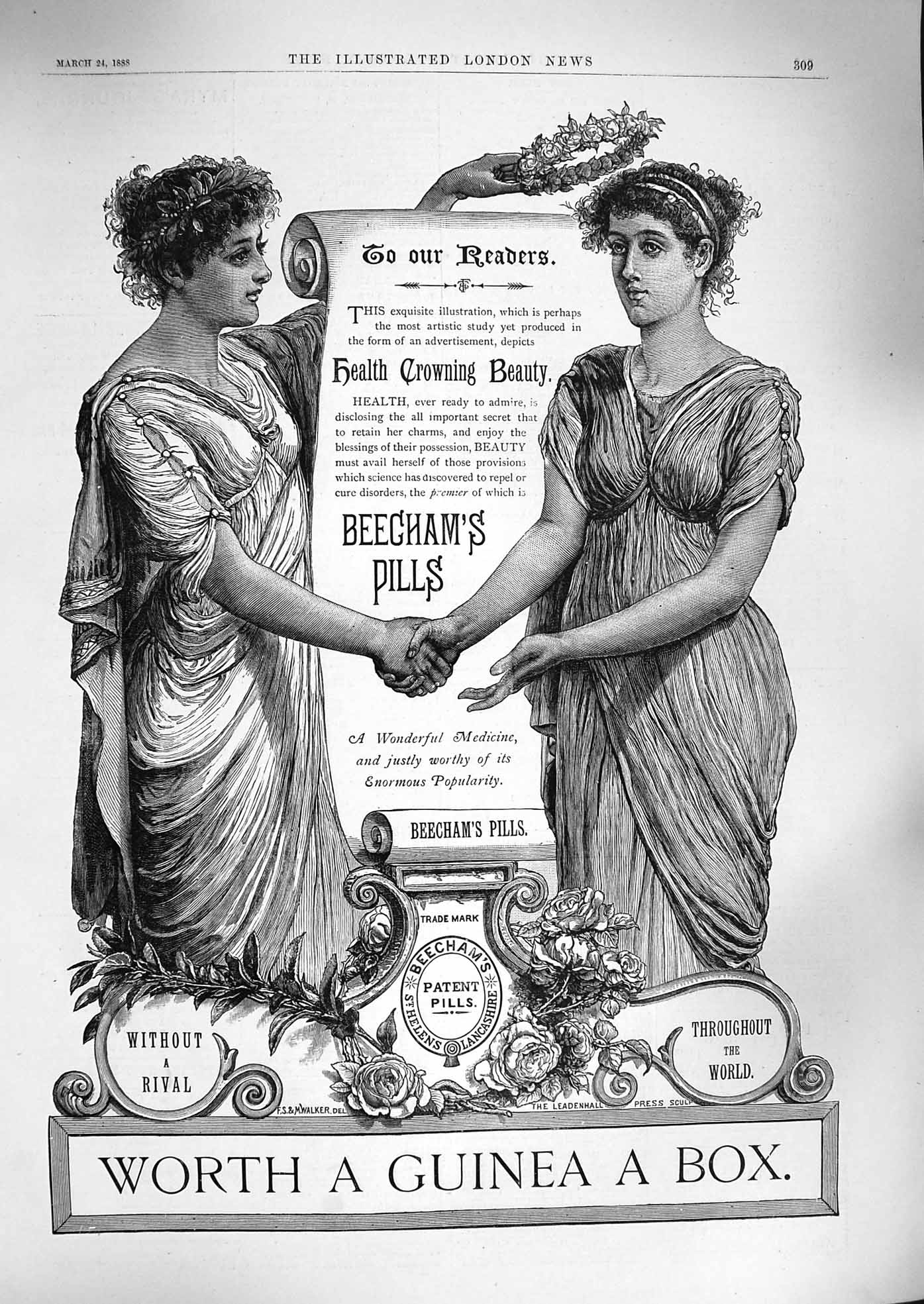 Original Old Antique Print 1888 Advertisement Beecham' Pills Helens Lancashire
