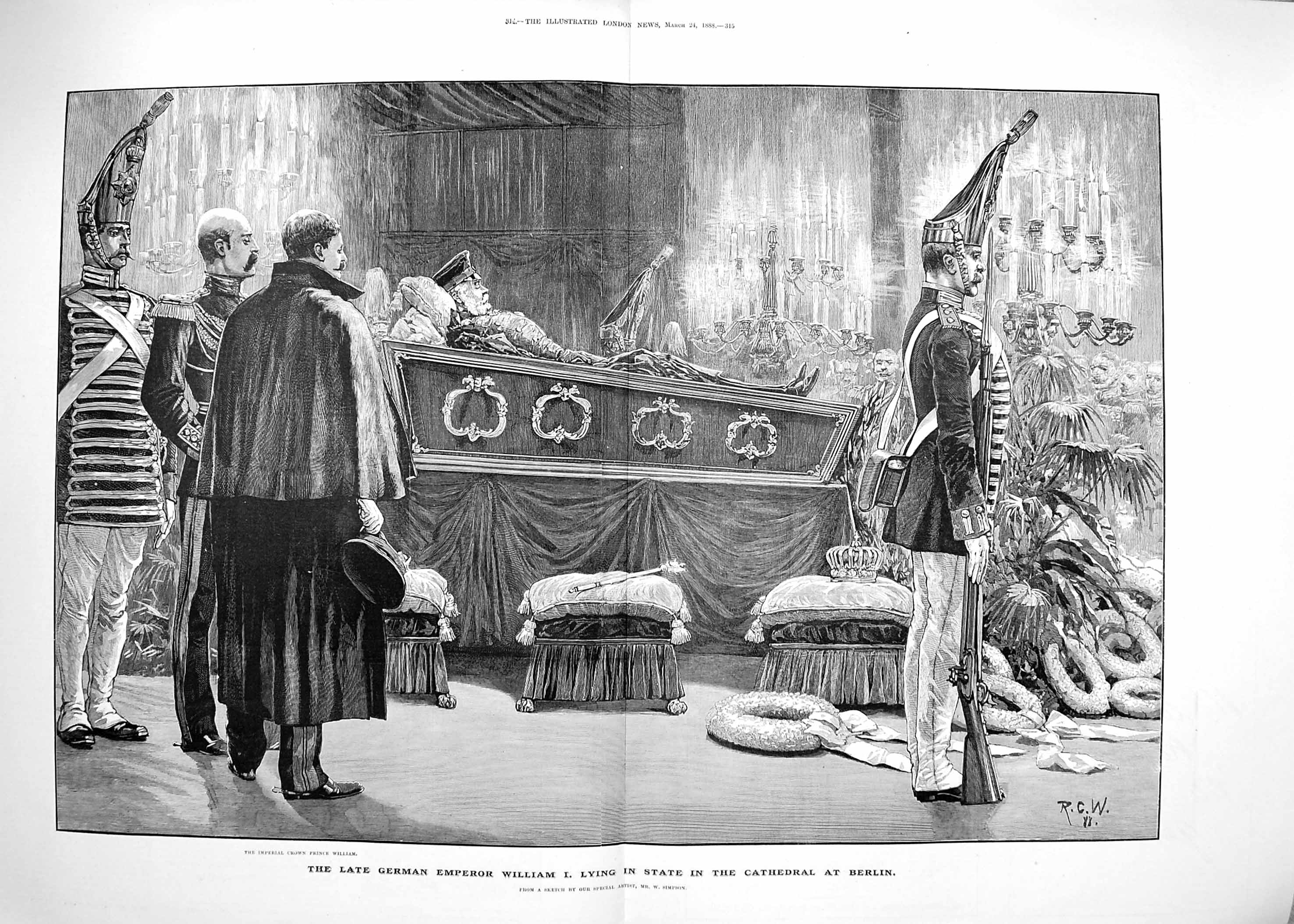 Original Old Antique Print 1888 Emperor William Lying State Cathedral Berlin